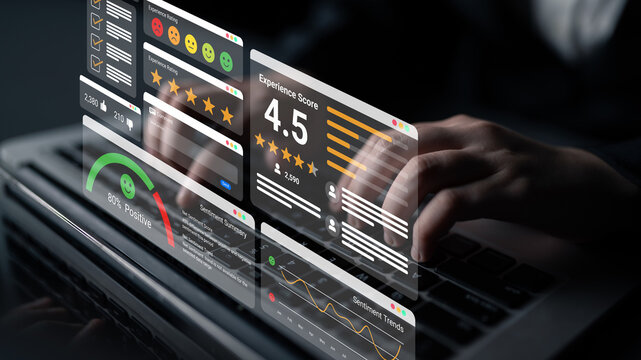 Feedback system with ratings, sentiment meter, and charts representing customer satisfaction and experience analysis Parse
