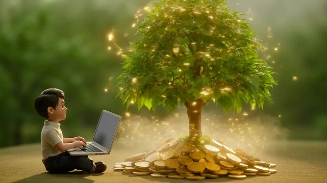 Young entrepreneur uses laptop to grow wealth under magical money tree