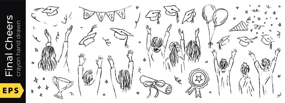 Hat, cap, and graduate line drawing with crayon for education and graduation doodle, plus a student cartoon by hand at an academy. Isolated school vector illustration of success on a white.