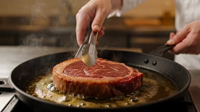 Chef searing a thick juicy steak in a hot pan with butter