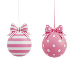 Naklejka premium Two festive baubles adorned with pink ribbons and polka dot patterns