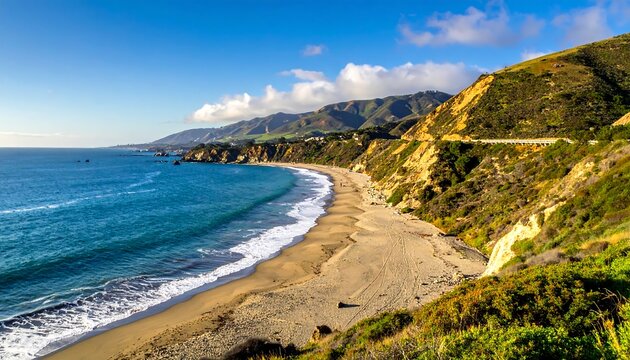 Scenic Coastal View of Malibu, California with Mountains.