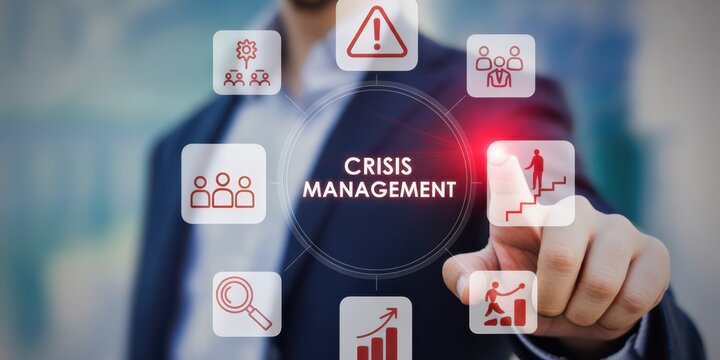 Crisis Management in Focus: A person's finger points toward a digital interface. The interface has the phrase CRISIS MANAGEMENT in the center, and several icons are hovering around it.