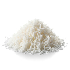 Delicious white shredded coconut flakes pile, a tropical baking ingredient isolated on pure background