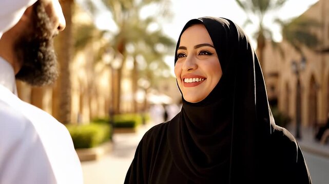 Middle Eastern Couple in Traditional Attire Smiling and Conversing Outdoors in Sunny Street