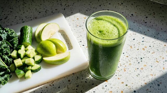 Top view of a fresh glass of green vegetable juice on a kitchen counter next to a cutting board with sliced green apples, cucumber, and kale in bright natural morning sunlight.