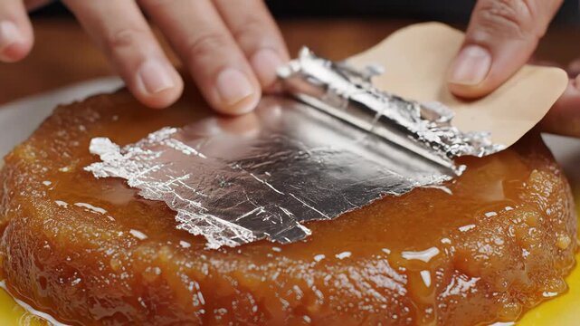 Close-up of Hands Carefully Applying Edible Silver Leaf to a Sweet Dessert with a Rich Golden Glaze and a Wooden Background