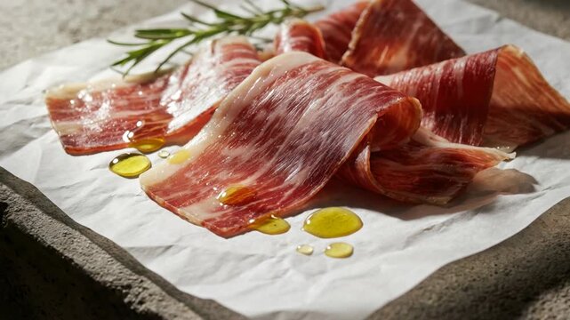 Cinematic close up of sliced Spanish Iberico ham drizzled with golden olive oil and garnished with fresh rosemary on white parchment paper over a rustic stone background texture.