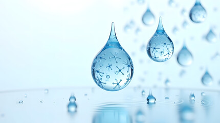 Delicate blue water droplets with intricate frost patterns floating above a reflective surface.