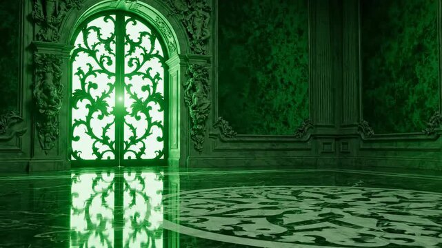 Opulent Green Marble Hallway with Ornate Archway and Geometric Floor Pattern, Luxurious Interior