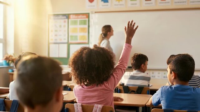Slow motion footage of a diverse group of elementary school children sitting at desks in a sunny classroom while a curious girl raises her hand to ask the teacher a question.