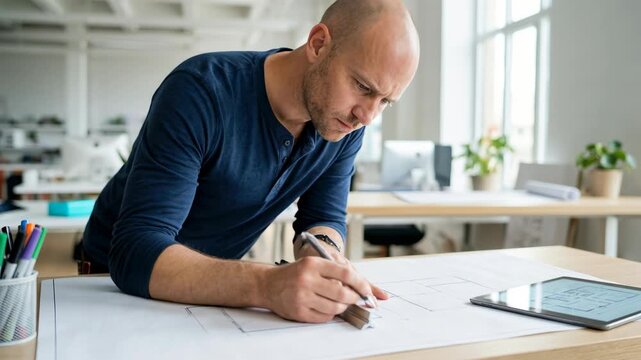 Professional male architect working on blueprints in a bright modern office, using a ruler and pen to draw technical house plans with a digital tablet on a wooden desk.
