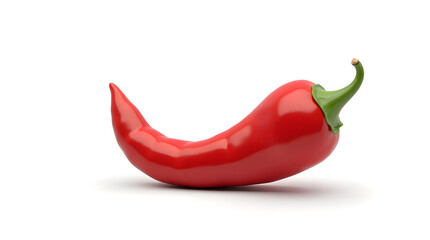 Vibrant red chili pepper with a glossy finish, showcasing its curved shape and green stem.