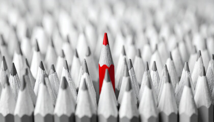 Fototapeta premium Red pencil standing out among grey pencils leadership concept. Red pencil rising above grey pencils. Leadership, individuality and standing out from the crowd. Business motivation concept.