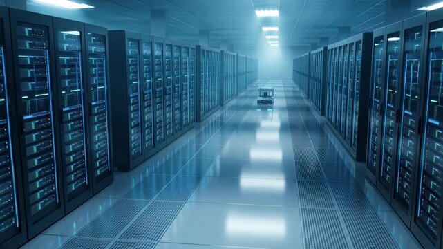 Wide angle drone view of an autonomous mobile robot navigating through a modern data center aisle with rows of flashing network server racks in a high tech cloud storage facility.