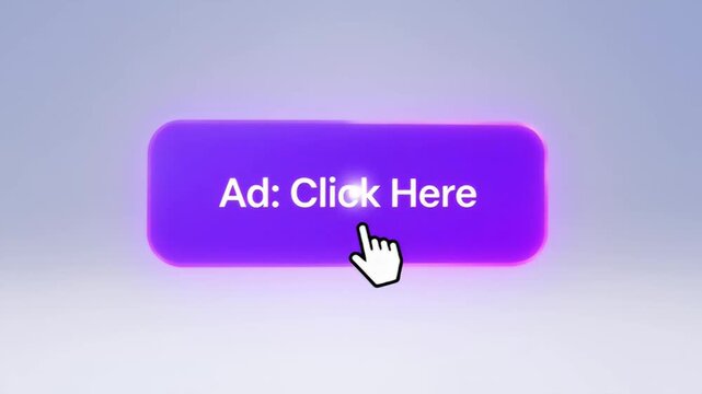 An inviting purple click here ad button with a cursor prompt