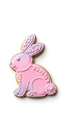 Fototapeta premium A pink Easter bunny cookie with intricate icing designs on a white background