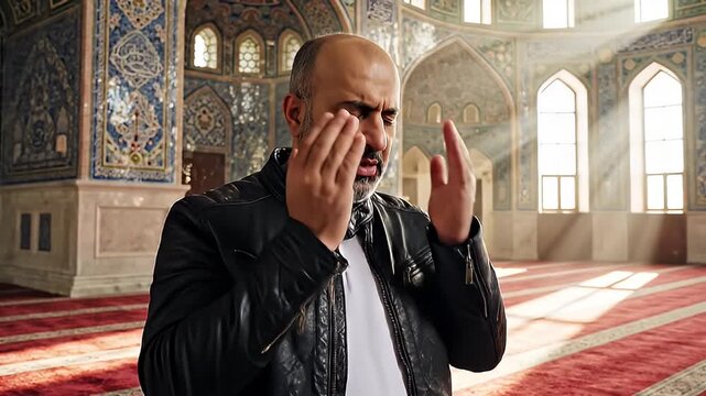 Middle-aged man praying with hands on temples inside a grand mosque with ornate decor and sunlight