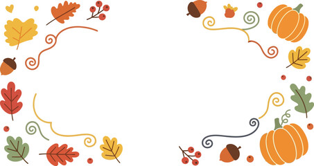 Fototapeta premium Autumnal border design featuring colorful seasonal leaves, pumpkins, and acorns framing a central white copy space for.