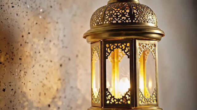 Ornate Golden Arabic Lantern Glowing Warmly with Intricate Details and Soft Bokeh Background