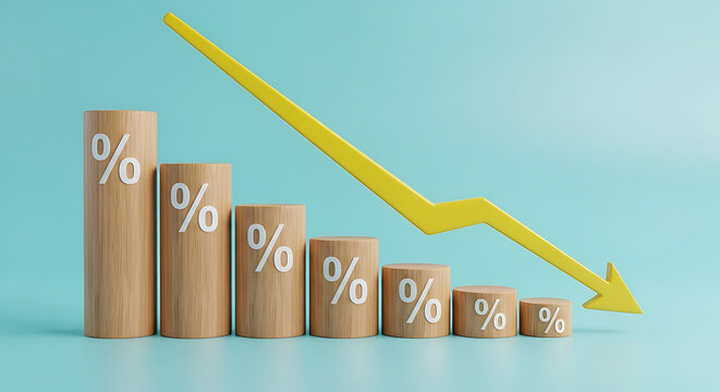 Declining business graph with wooden percentage bars and yellow arrow