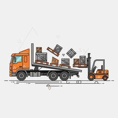 Obraz premium Logistics Operation Unloading Cargo From Truck Using Forklift Machine