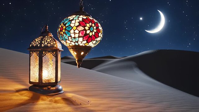 Ornate Islamic lanterns glow in desert dunes under a starry night sky with a crescent moon
