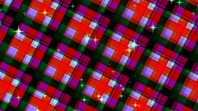 Abstract Plaid Pattern Background with Glittering Stars - Festive Red, Green, Purple