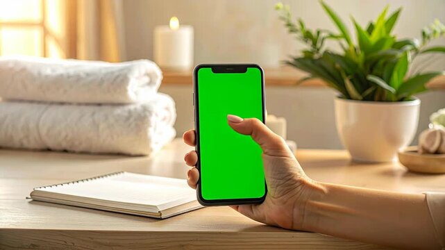 Hand Holding A Black Smartphone With A Green Screen Display In A Bathroom Setting With Soft Natural Light And Stacked White Towels And A Potted Plant In The