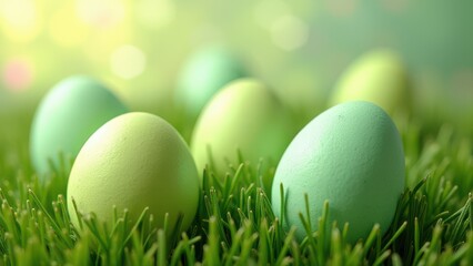 Fototapeta premium green easter eggs arranged on fresh grass background spring festive composition with natural texture and soft light concept of advertising branding retail