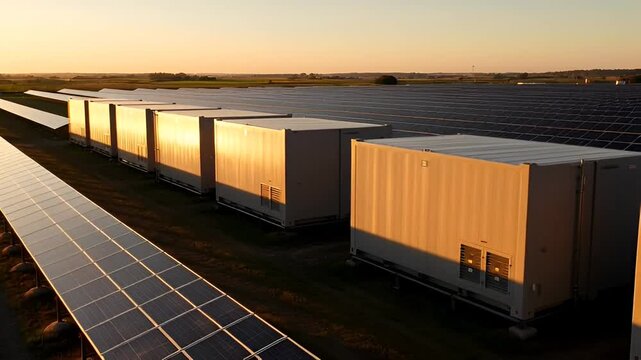 Solar power plant with energy storage containers at sunset