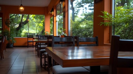 Fototapeta premium Interior of a bright and natural looking restaurant with orange walls and views of lush greenery through large