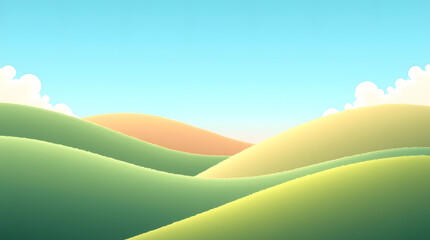 Obraz premium A serene landscape of rolling green hills under a bright blue sky with fluffy white clouds.