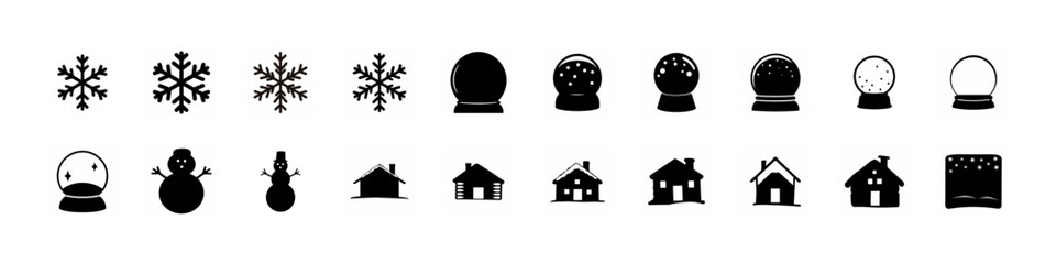 Snowflakes and Winter House Silhouette Icon Set - Black silhouette collection featuring snowflakes, winter hats, small houses and seasonal holiday elements arranged as simple icons isolated on white b