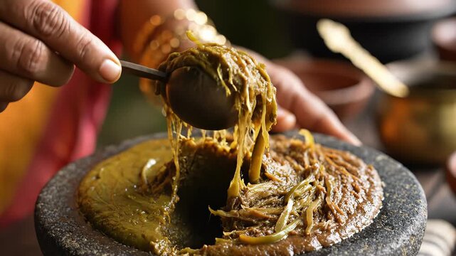 Close Up Of Hands Preparing A Traditional Indian Spice Paste In A Stone Mortar And Pestle With A Spoon Scooping Out The Mixture With Natural Outdoor Lighting And Shallow Depth Of Field