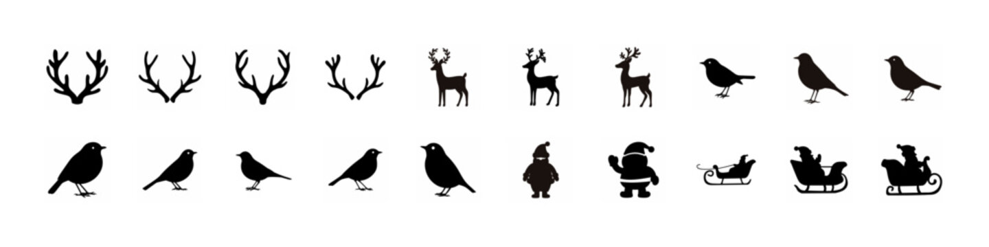 Deer Birds and Nature Silhouettes Wildlife Icon Set - Collection of wildlife silhouettes including deer, birds, and nature elements, ideal for forest themes, outdoor design, and animal illustration pr