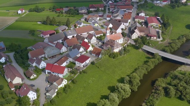 Panoramic aerial view around the village Zell in south in Germany on a sunny day in summer.