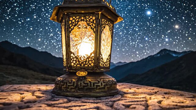 Ornate vintage lantern illuminated at night under a starry sky, set against a mountain landscape