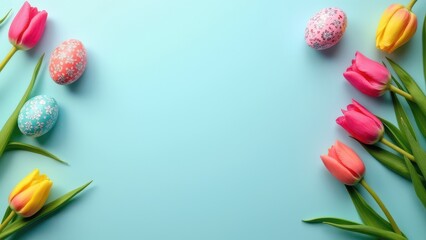 colorful easter eggs and fresh tulips arranged on soft blue background top view with copy space festive spring flat lay concept of greeting cards advertising retail