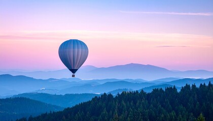 Fototapeta premium Two hot air balloons floating over rolling hills and forests at sunrise, pastel pink and blue sky creating serene and adventurous atmosphere.
