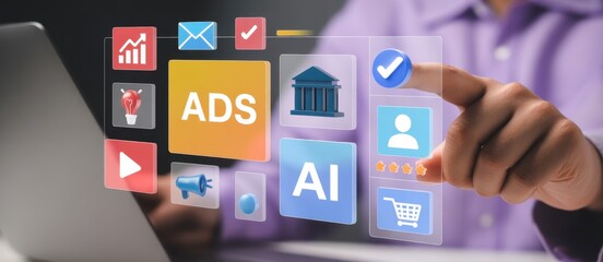 Fototapeta premium Digital Marketing in Action: A person interacts with a futuristic interface, demonstrating the dynamic elements of advertising, AI integration.
