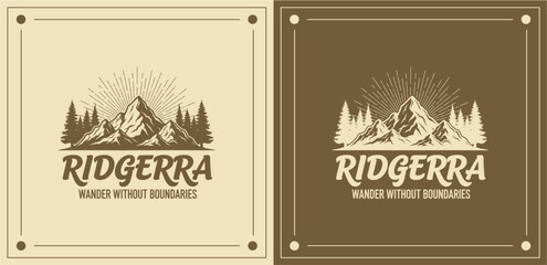 Mountain landscape badges with 'Ridgerra' emblem, featuring trees and wilderness theme in earthy tones, presented in a vintage style on beige and brown backgrounds from a straightforward viewpoint © Joko studio png