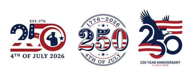 Naklejka premium united states of america, 4th of July 2026 Logo Set, USA 250 Year Anniversary Emblems, Independence Day Vector Badges