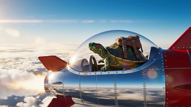 Turtle pilot soars through clouds in a futuristic aircraft concept