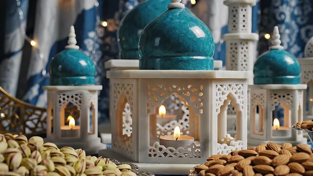 Ramadan and Eid Al Fitr festive decoration with moon, mosque model, lanterns and assorted nuts