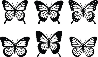 Fototapeta premium Butterfly silhouette collection with detailed wing patterns and decorative flying insect variations isolated on white vector set
