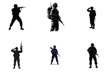 Fototapeta premium Soldier Silhouettes in Various Poses Vector Illustration