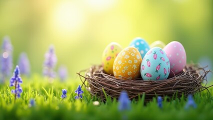 Fototapeta premium painted easter eggs resting in birds nest on green meadow with bluebells and bright sunlight blurred grass foreground spring landscape concept of greeting cards floristry tourism advertising