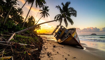 Naklejka premium Tropical Beach Sunset with Abandoned Boat and Palm Trees.