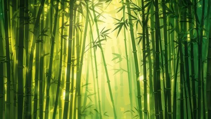 Lush illustration of a bamboo forest with sunlight filtering through the green stalks